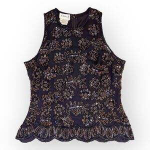 Vintage Beaded Sequin Black Silk Top Large Sleeveless Whimsigoth Glam Fairy Y2K